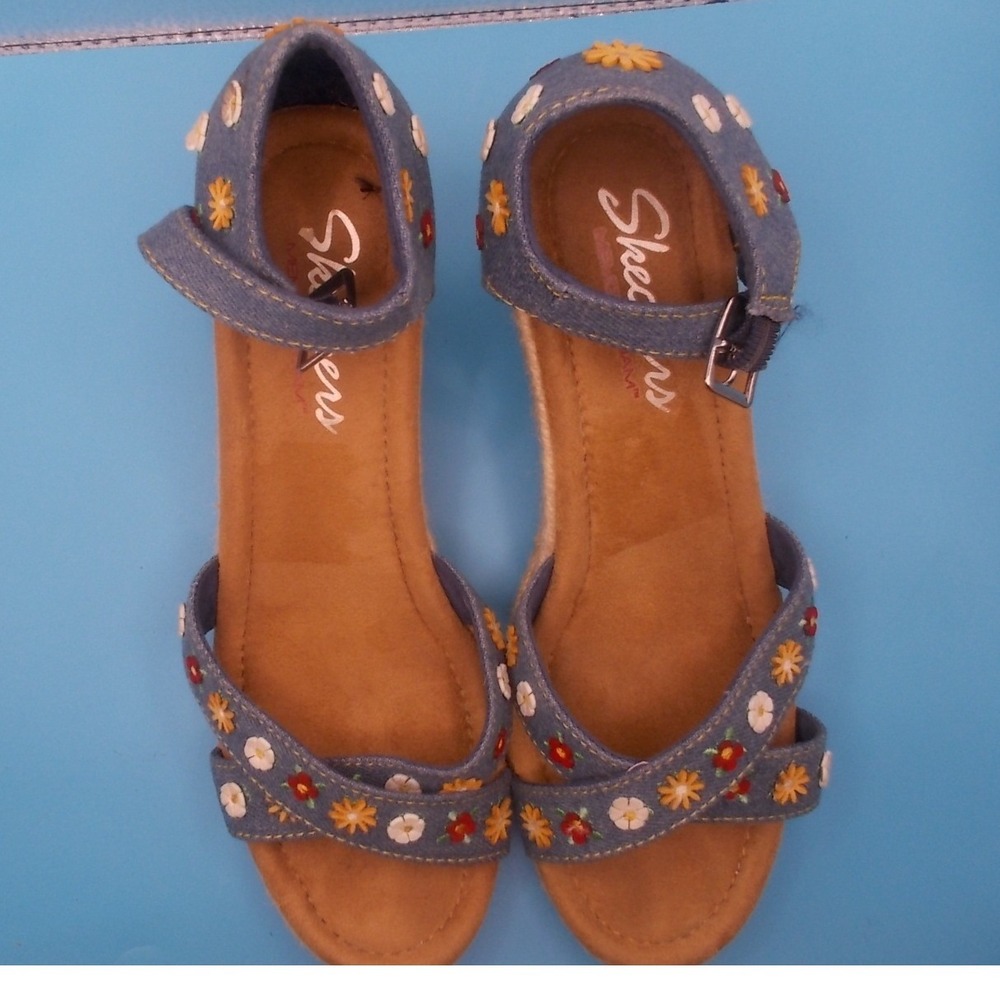 Skechers Blue Floral Embroidered Espadrille Wedge Sandals Women Size 8